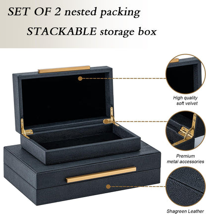Set of 2 Beige Shagreen Decorative Storage Boxes with Gold Metal Handles – Faux Leather Jewelry & Memory Boxes, Nesting Photo Organizers for Home Decor