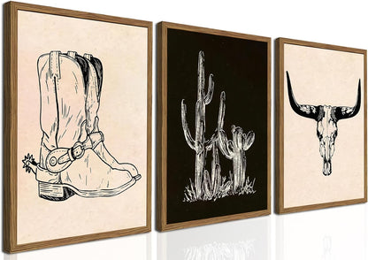 Western Wall Art Set of 3, Southwestern Cowboy Playing Card Wall Decor, Longhorn Bull Skull and How Lucky are We Poster Canvas Painting Prints for Bedroom Living Room 12x16 inch Wood Framed