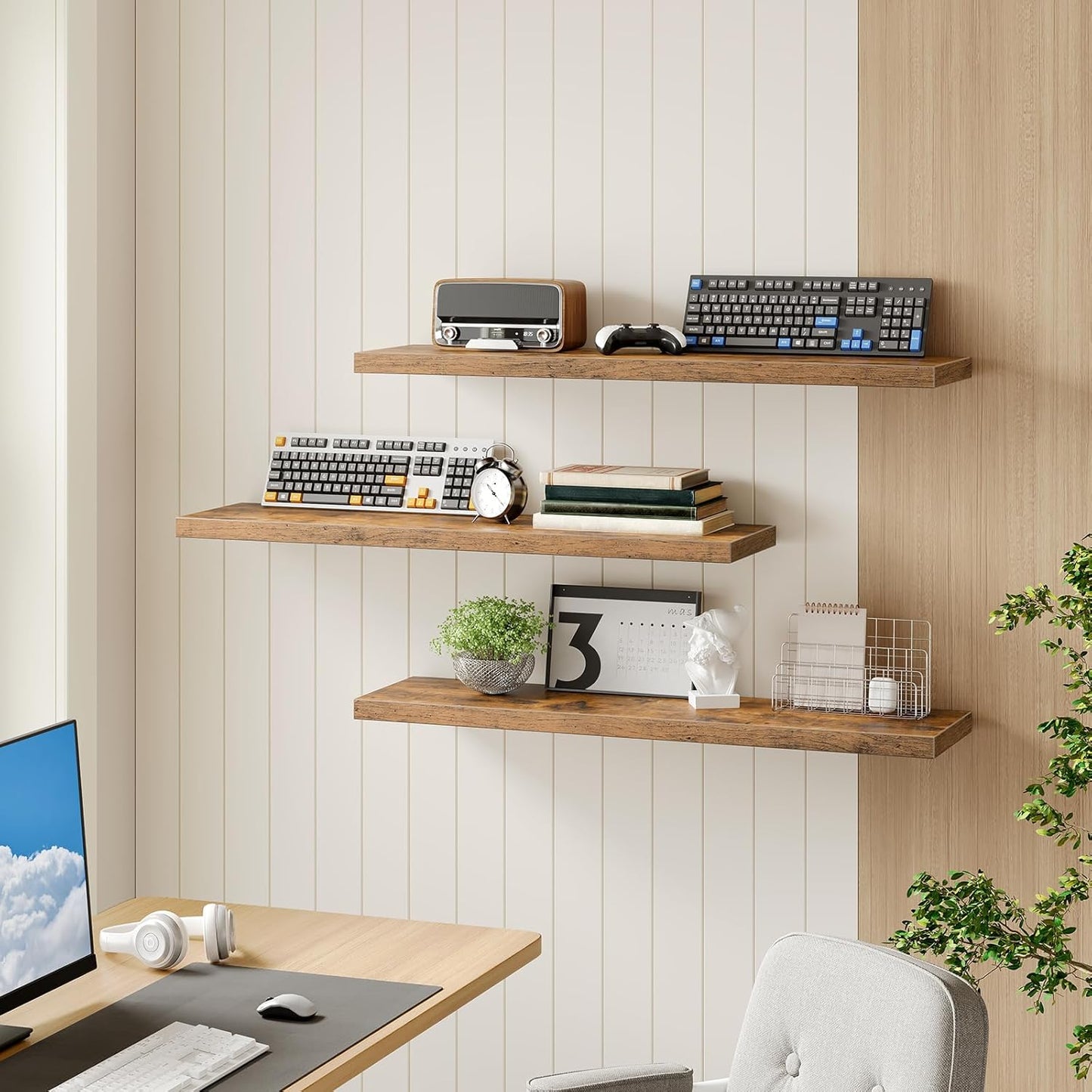 RALGEND Floating Shelves for Wall, 1.5" Thick Wall Shelf Set of 3 with Invisible Brackets, L31.5 x W7.9 Hanging Shelves Farmhouse Home Decor for Bathroom, Living Room, Bedroom, Rustic Brown 8301BJP3BF