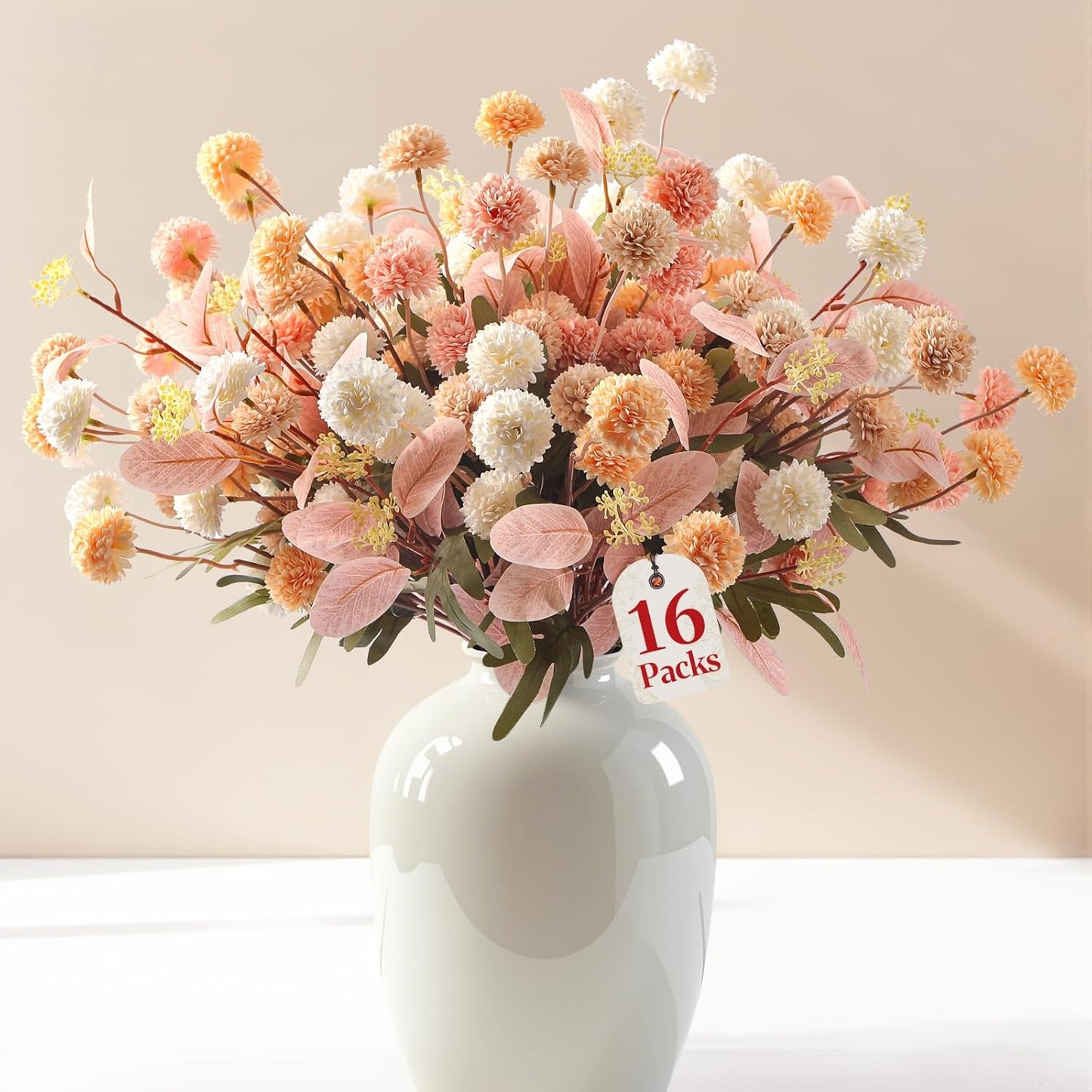 Alupssuc 16PCS Faux Silk Pompon Mums Artificial Flowers with Eucalyptus, Fake Chrysanthemum Floral for DIY Vase Arrangement, Long Stem Dining Table Centerpiece Home Decor, Beige