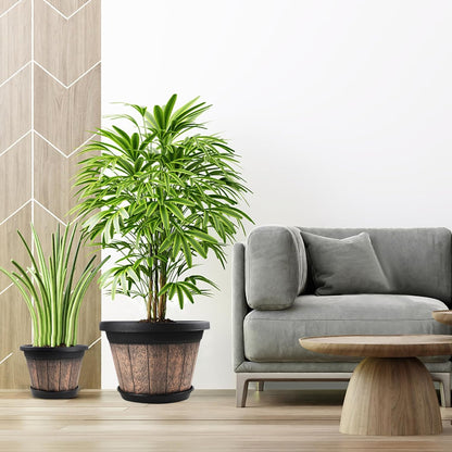 Quarut 3 Pack 10 inch Plant Pots,Whiskey Barrel Planters with Drainage Holes & Saucer, Plastic Decoration Flower Pots Imitation Wine Barrel Design, for Indoor & Outdoor Garden Home Plants (Brown)