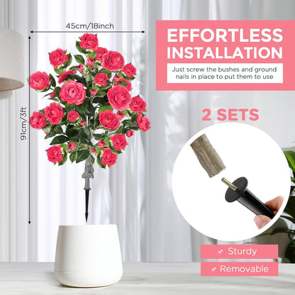 Lunmon 2 Pack 3ft Artificial Camellia Plants Tree 36" Faux Camellia Flower with Spike UV Resistant Realistic Fake Floral Blooming Bush for Indoor Outdoor Front Door Porch Backyard Garden, Purple