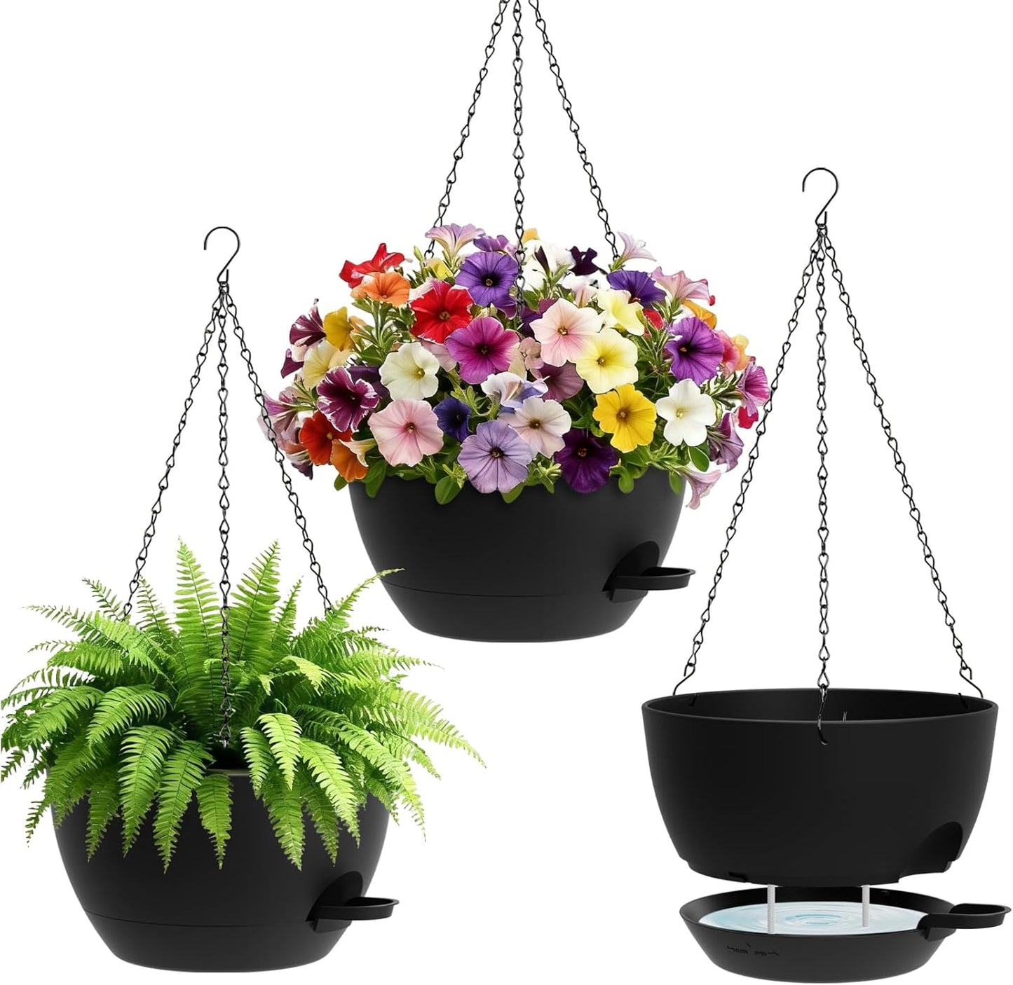 UOUZ Set of 3-10 Inch Self Watering Hanging Planters for Indoor Outdoor，Hanging Plant Pots with Drainage & Removable Tray, Hanging Pots Holder for Ivy, Pothos, Ferns, Balcony & Patio, Black with Brown