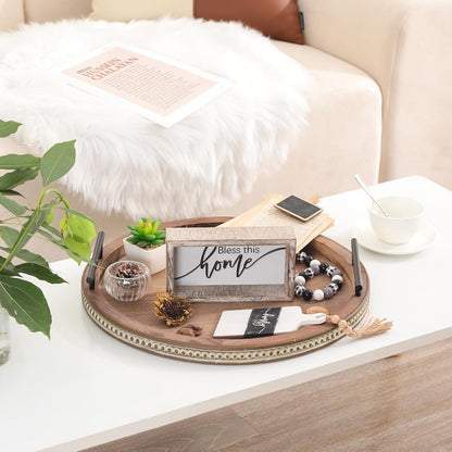 16 Inch Coffee Table Tray for Living Room, Beaded Round Wood Decorative Tray with Handles, Farmhouse Circle Trays for Kitchen Island Decor, Rustic Coffee Table Centerpiece Decor