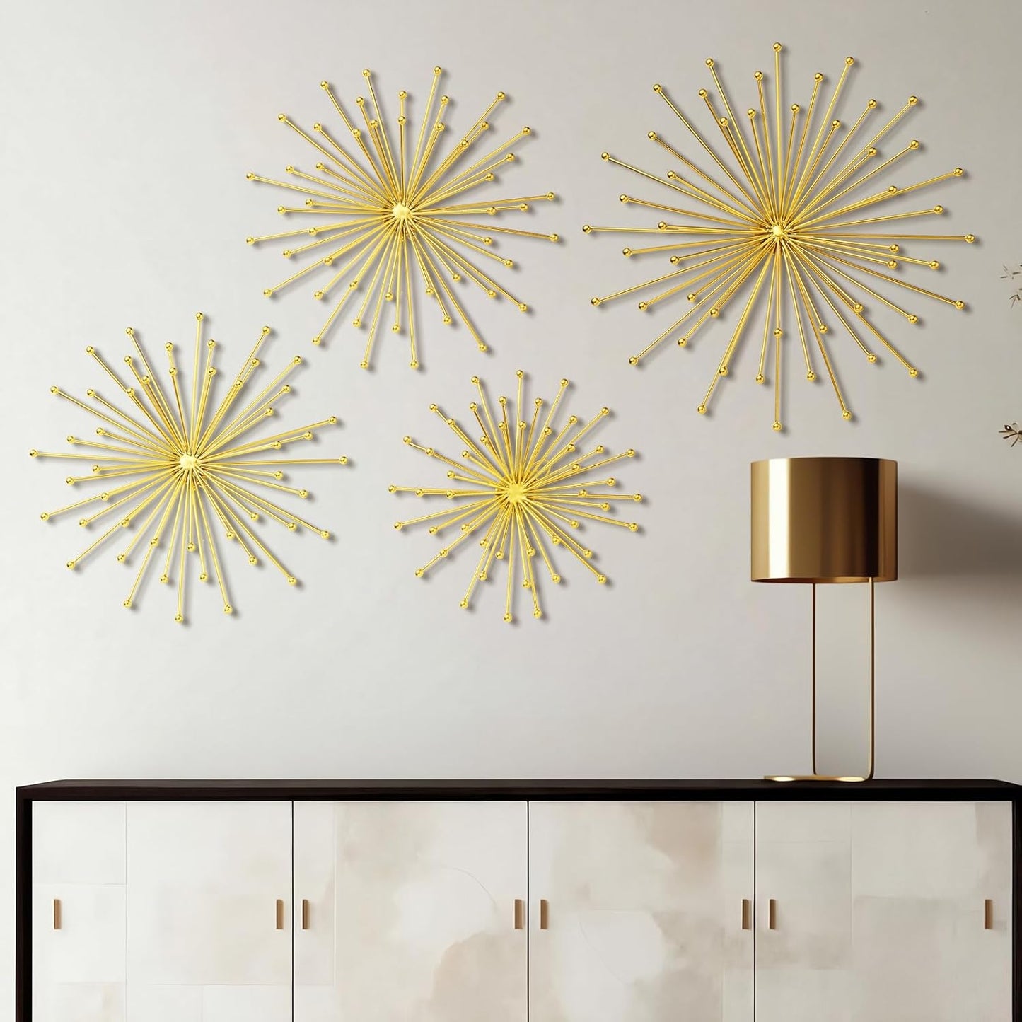 Shimeyao 4 Pcs Metal Starburst Wall Decor Black Metal Wall Art 3D Spike Bling Finish Star Burst Hangings Accents Sculptures Set Modern Mid Century Decorations for Living Room Bedroom Entryway