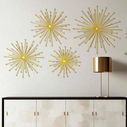 Shimeyao 4 Pcs Metal Starburst Wall Decor Black Metal Wall Art 3D Spike Bling Finish Star Burst Hangings Accents Sculptures Set Modern Mid Century Decorations for Living Room Bedroom Entryway