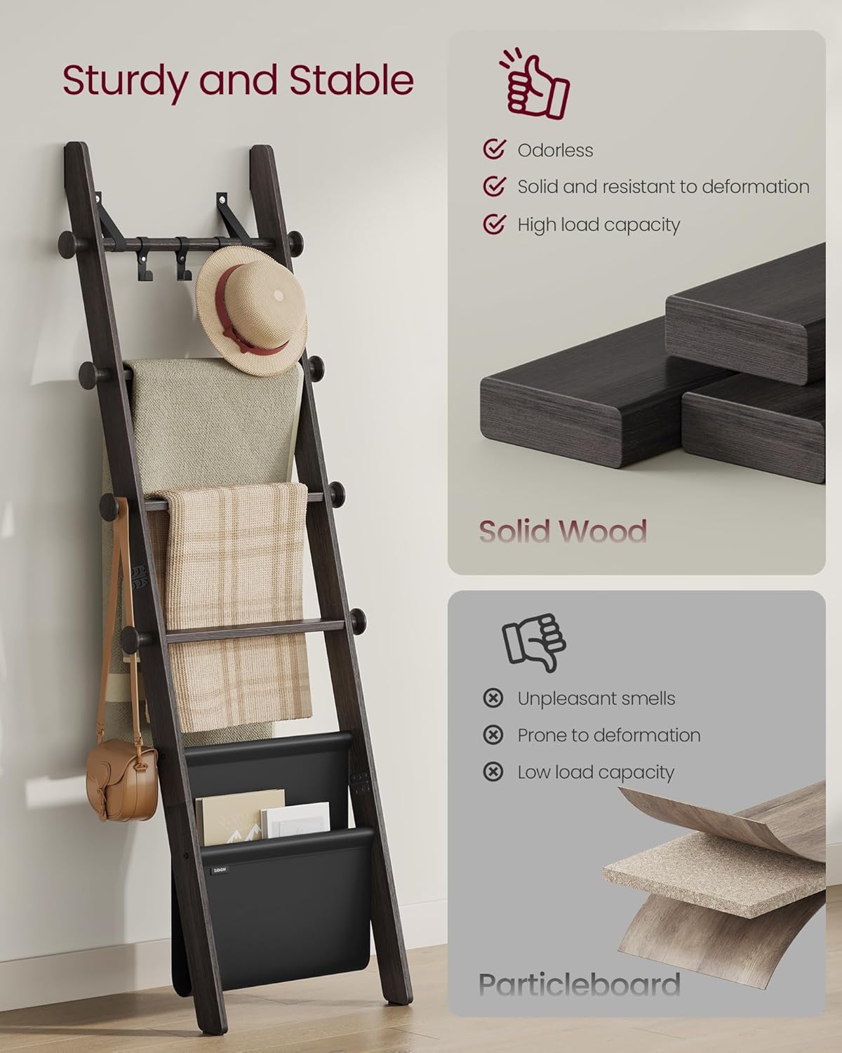 VASAGLE Blanket Ladder for Living Room, 5-Tier Wooden Ladder Shelf, Decorative Farmhouse Blanket Rack with Synthetic Leather Bag, Metal Hooks, Side Hooks, for Bedroom, Caramel Brown ULLS022K01