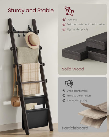 VASAGLE Blanket Ladder for Living Room, 5-Tier Wooden Ladder Shelf, Decorative Farmhouse Blanket Rack with Synthetic Leather Bag, Metal Hooks, Side Hooks, for Bedroom, Caramel Brown ULLS022K01