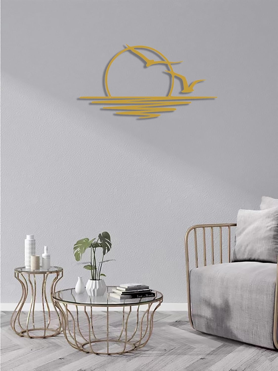 Benziso Sun Metal Wall Art Abstract Sunset with Seagulls Metal Wall Decor Minimalist Sunrise Line Art for Living Room Kitchen Bathroom Indoor Outdoor