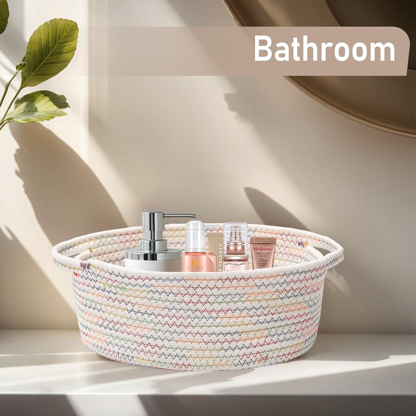 JMvicyroam Woven Basket,Small Rope Storage Bin with Handles & Ribbon Bag, Organizer for Shelves Closets,Gift Basket Empty for Birthday,Books,Dog Toys,White