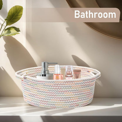 JMvicyroam Woven Basket,Small Rope Storage Bin with Handles & Ribbon Bag, Organizer for Shelves Closets,Gift Basket Empty for Birthday,Books,Dog Toys,White