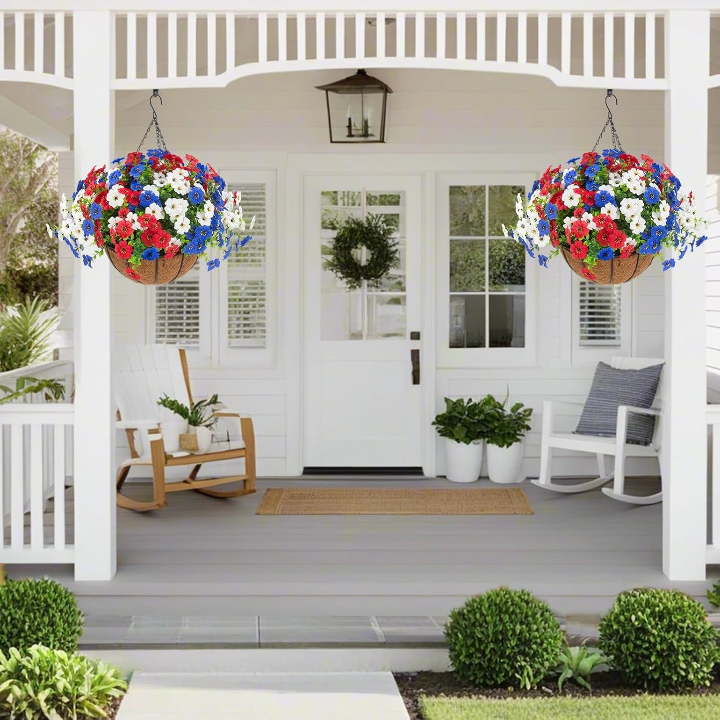 Hananona 2 Set Artificial Outdoor Flowers with Hanging Basket, 2 Hanging Planters with 24 Pcs Flowers for Spring Summer Front Porch Garden Patio Home Decor (2, Red, Purple, Yellow, Rose Red)