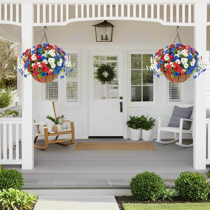 Hananona 2 Set Artificial Outdoor Flowers with Hanging Basket, 2 Hanging Planters with 24 Pcs Flowers for Spring Summer Front Porch Garden Patio Home Decor (2, Red, Purple, Yellow, Rose Red)
