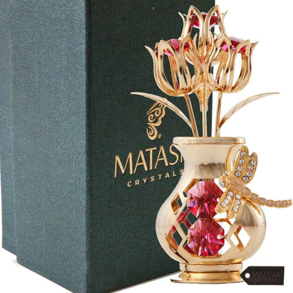 Matashi 24K Gold Plated Crystal Flower Figurine with Clear Crystals & Butterfly – Luxury Decorative Tulip Statue, Elegant Tabletop Home Décor, for Mother's Day, Valentine's Day, Christmas
