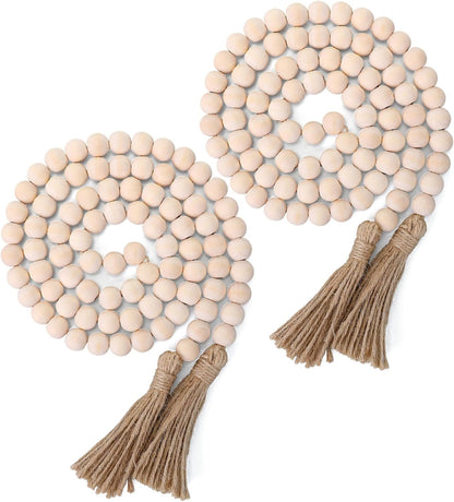 Geetery 2 Pcs 58'' Bead Garland with Tassels, Rustic Country Decor, Boho Wall Hanging for Farmhouse Style, Versatile Prayer Beads for Home, Table, or Wall Decoration (Black)