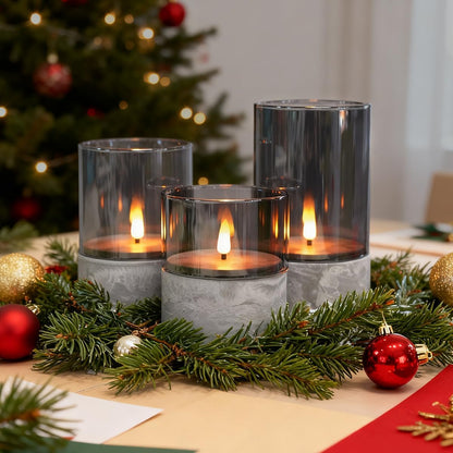 Rechargeable Flameless Glass Pillar Candles–Gifts for Women,–Set of 3, Realistic Flickering LED Light,Remote & Timer, Ideal for Living Room, Bedroom & Festival Wedding Home Party Decor