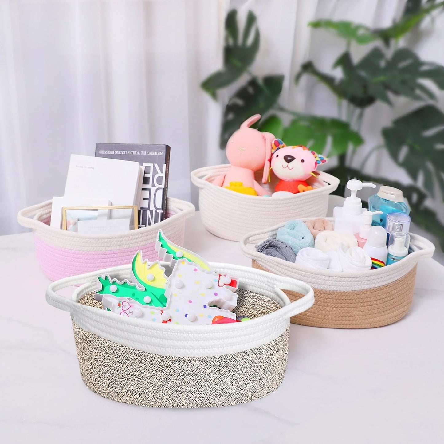 ABenkle Small Basket with Handles, Boho Decorative Rope Woven Dog Cat Toy Storage Bin Shelf Storage Organizer, Easter Christmas Gift Basket, 12"x8"x5", White
