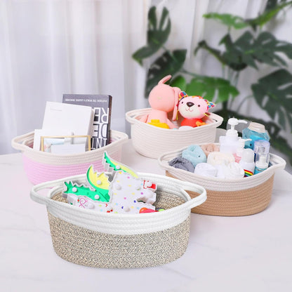 ABenkle Small Basket with Handles, Boho Decorative Rope Woven Dog Cat Toy Storage Bin Shelf Storage Organizer, Easter Christmas Gift Basket, 12"x8"x5", White