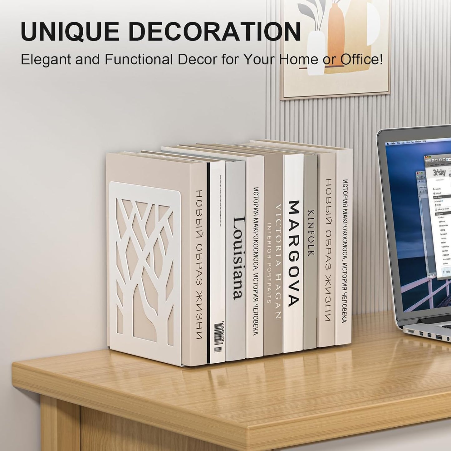 Bookends 4 Pieces, Tree Design Modern Metal Bookends for Shelves, Black Tree Book Ends Decorative Book Organizer for Desk, Decorative Shelve Book Stopper for Home Office