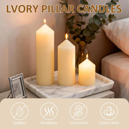12-Pack Ivory Unscented Pillar Candle Set - 2x3, 2x6, 2x8-inch Long-Burning Drip-Free Tapers, 4 Per Size. Ideal for Home Decor, Weddings, Emergencies, and Holidays.