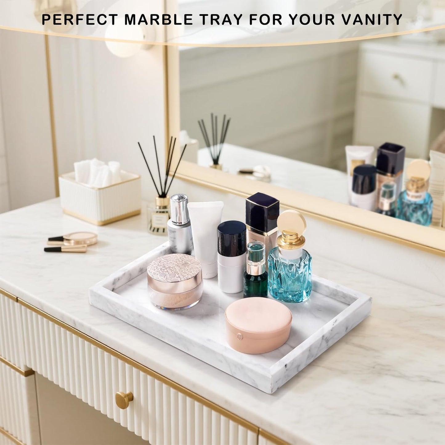 Marble Bathroom Tray for Countertop & Home Decor, Natural Decorative Marble Tray for Jewelry & Perfume Organizer, Luxury Stone Vanity Trays for Dresser, Kitchen Counter, 12" x 8", Gray Black