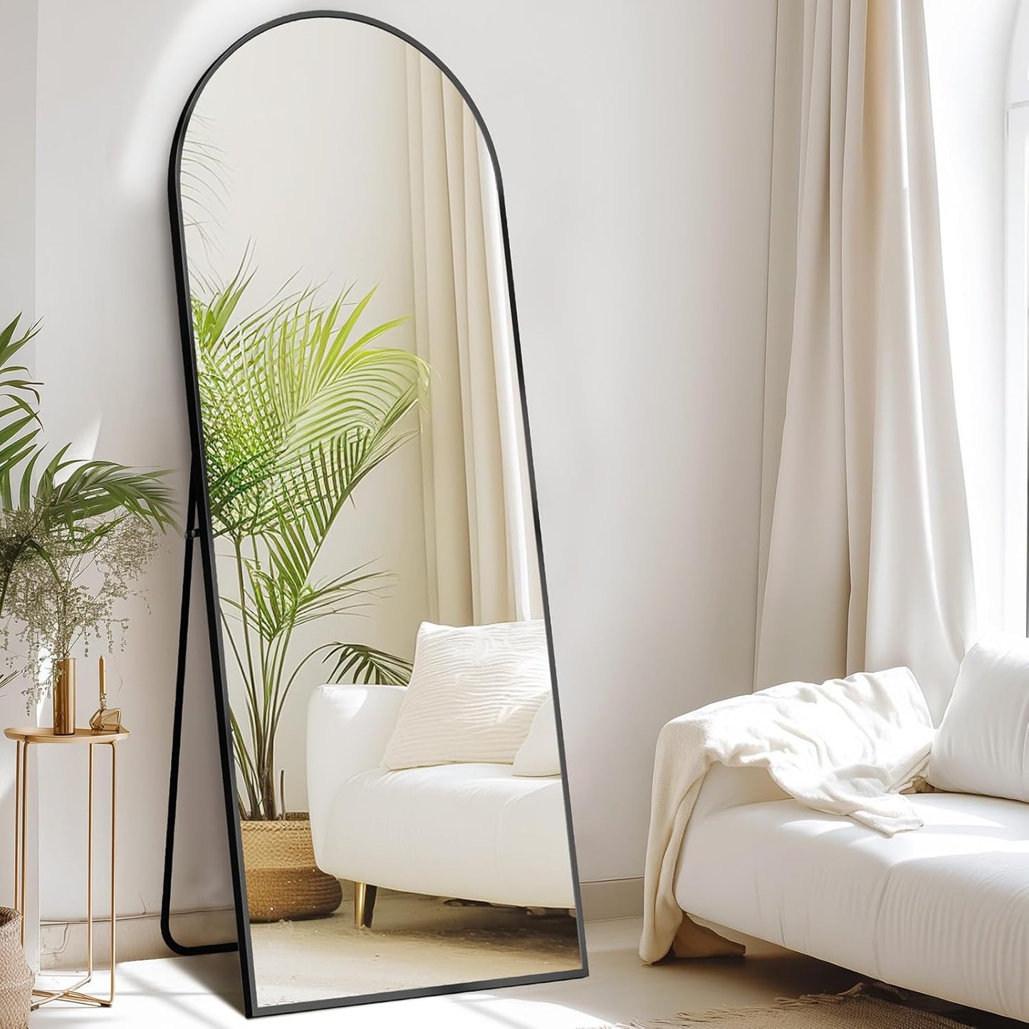 DUMOS Arched Full Length Mirror with Stand 64"x21" Floor Standing Aluminum Frame for Bedroom Body Hanging Leaning Modern Simple Home Decor Shatter-proorf Nano Glass Wall Living Room Cloakroom Black