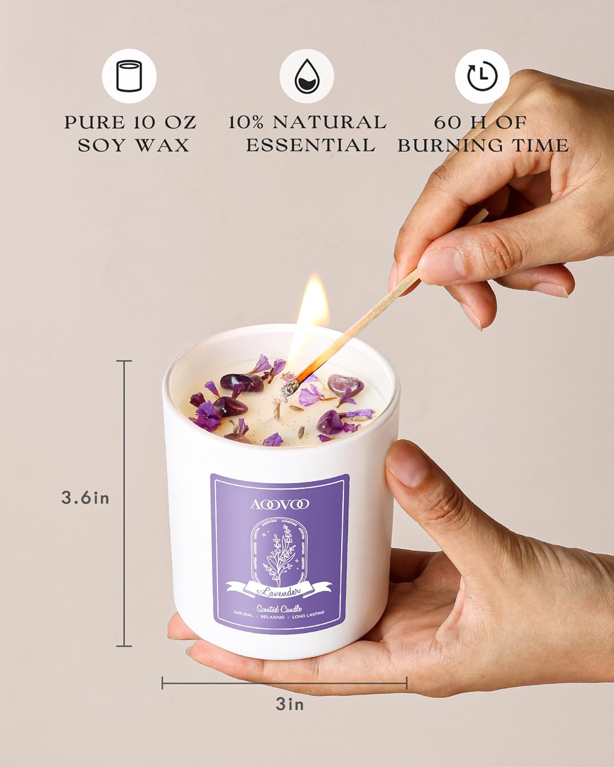 AOOVOO Lavender Scented Candles for Women - Aromatherapy Candle with Crystals Inside, 10oz Soy Candles for Home Scented, Birthday Gifts Mothers Day Candle for Women Mom