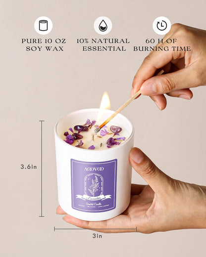 AOOVOO Lavender Scented Candles for Women - Aromatherapy Candle with Crystals Inside, 10oz Soy Candles for Home Scented, Birthday Gifts Mothers Day Candle for Women Mom