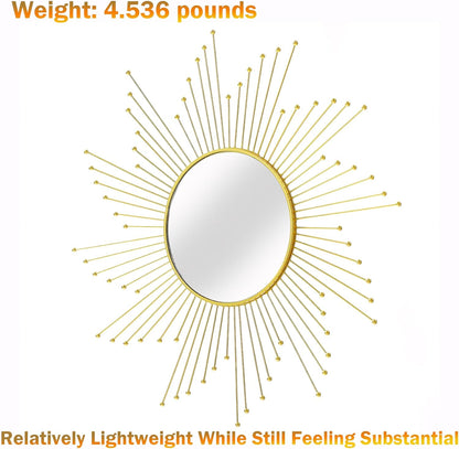Large Gold Sunburst Mirror - 31" Starburst Wall Mirror with 12" Round Glass, Mid-Century Modern Elegant Gold Sun Mirrors for Living Room, Bedroom, Entryway Decor