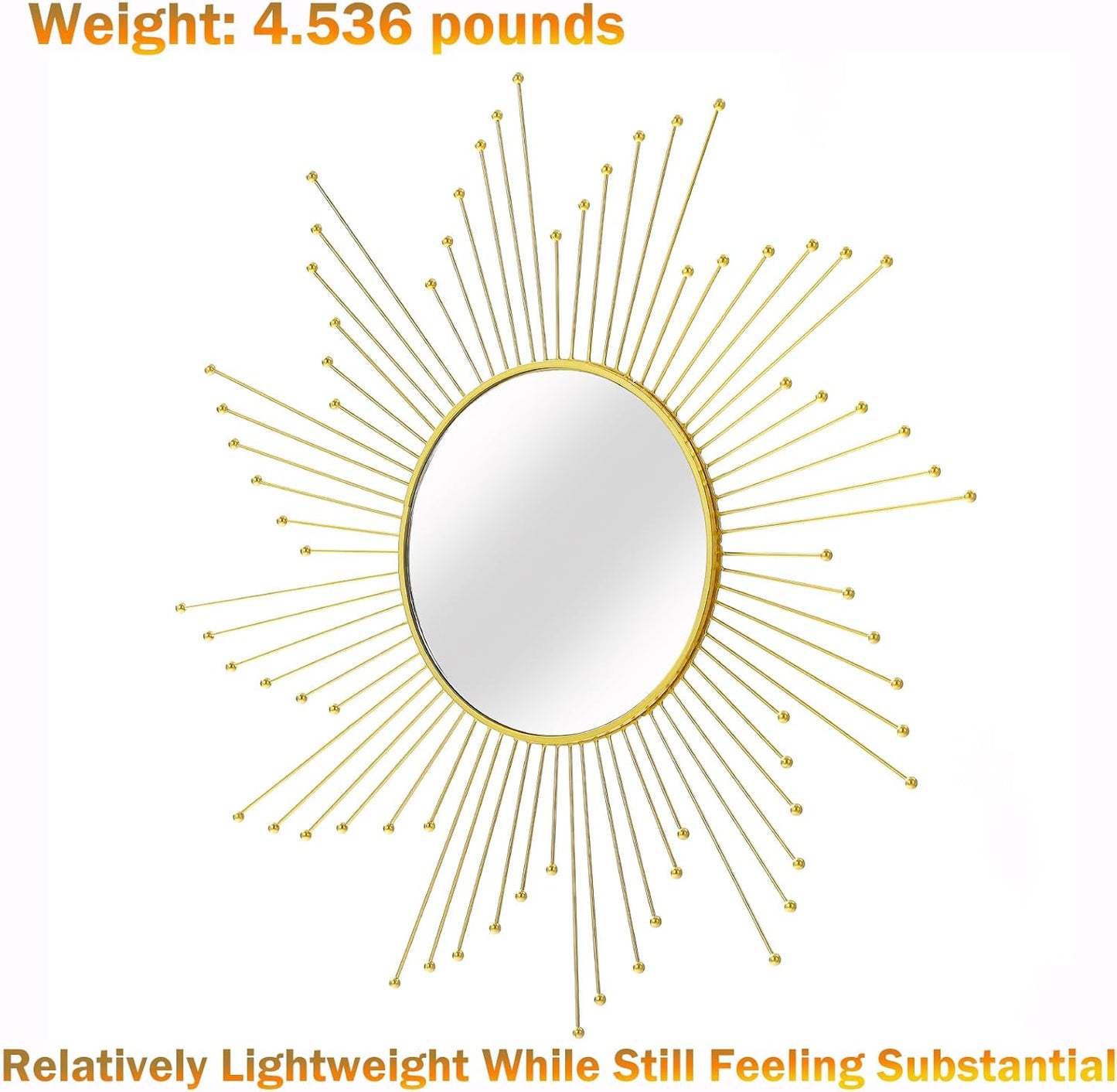 24'' Large Gold Sunburst Mirror, Metal Starburst Mirrors, Mid-Century Modern Sun Mirror Wall Decor for Living Room, Bedroom, Bathroom, Hallway, and Entryway