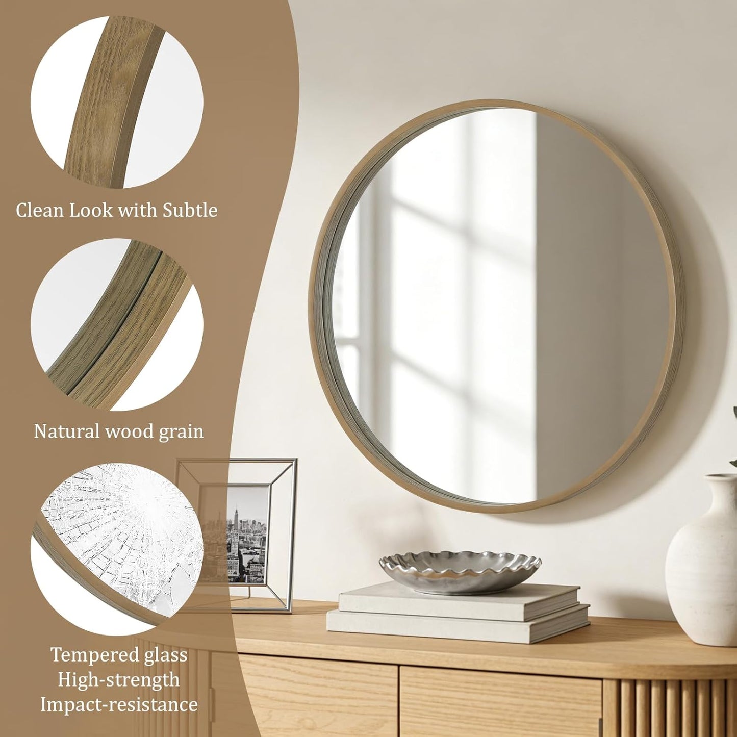 WallBeyond Wood Round Mirror with Wood Frame 24 inch Circle Wall Mirror for Bathroom Round Wall Mirror for Wall Decor, Vanity, Entryway Living Room (Walnut)