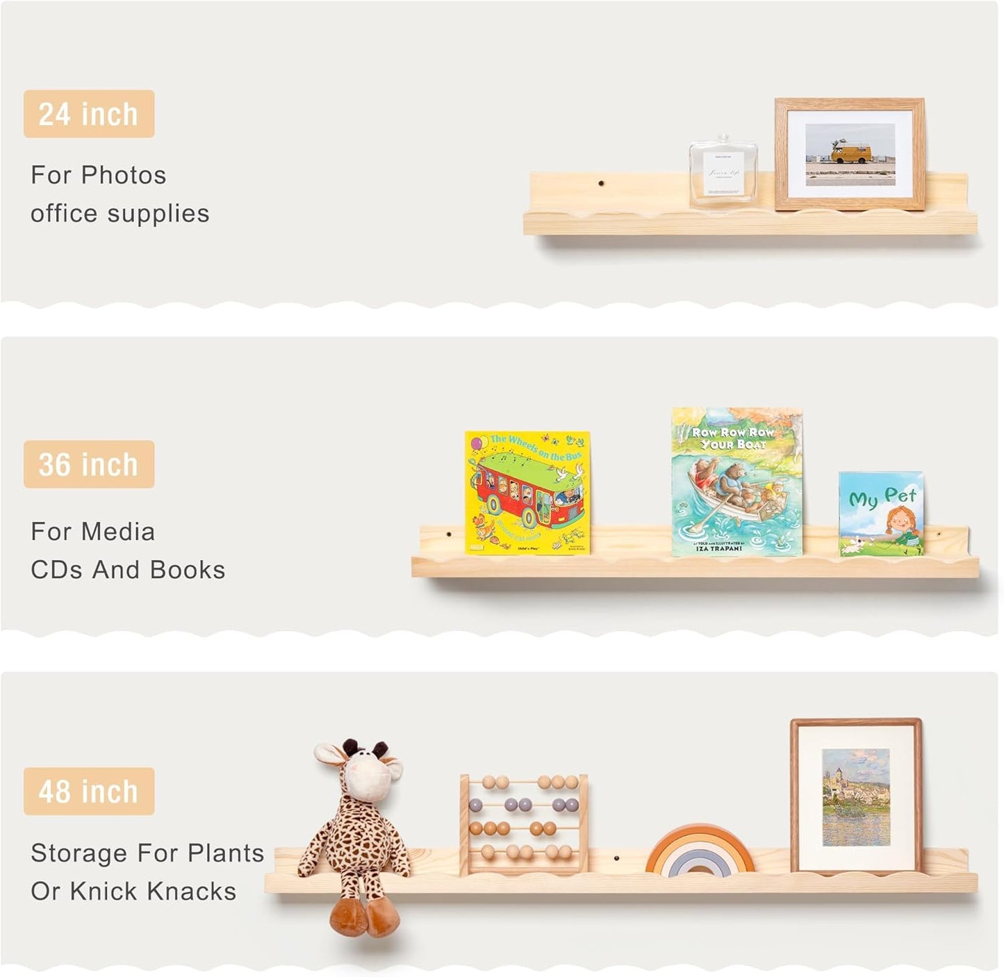 Fun Memories Picture Ledge Shelf for Wall, 24 inch Pine Wood Nursery Book Shelves Set of 2- Wall Book Shelves for Kids Room, Home Decor - Kitchen Spice-White