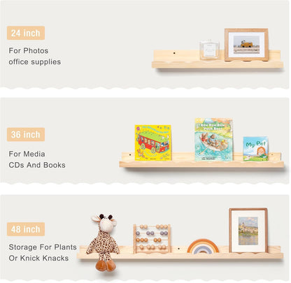 Fun Memories Picture Ledge Shelf for Wall, 24 inch Pine Wood Nursery Book Shelves Set of 2- Wall Book Shelves for Kids Room, Home Decor - Kitchen Spice-White