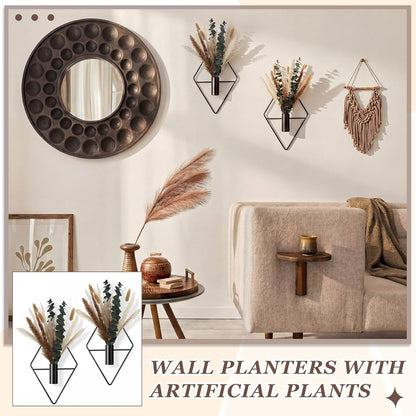 Jexine 4 Pcs Hanging Planters with Artificial Eucalyptus Metal Hanging Vase Indoor Plants Holder Modern Geometric Boho Bathroom Wall Decor for Living Room Home Office(Black)