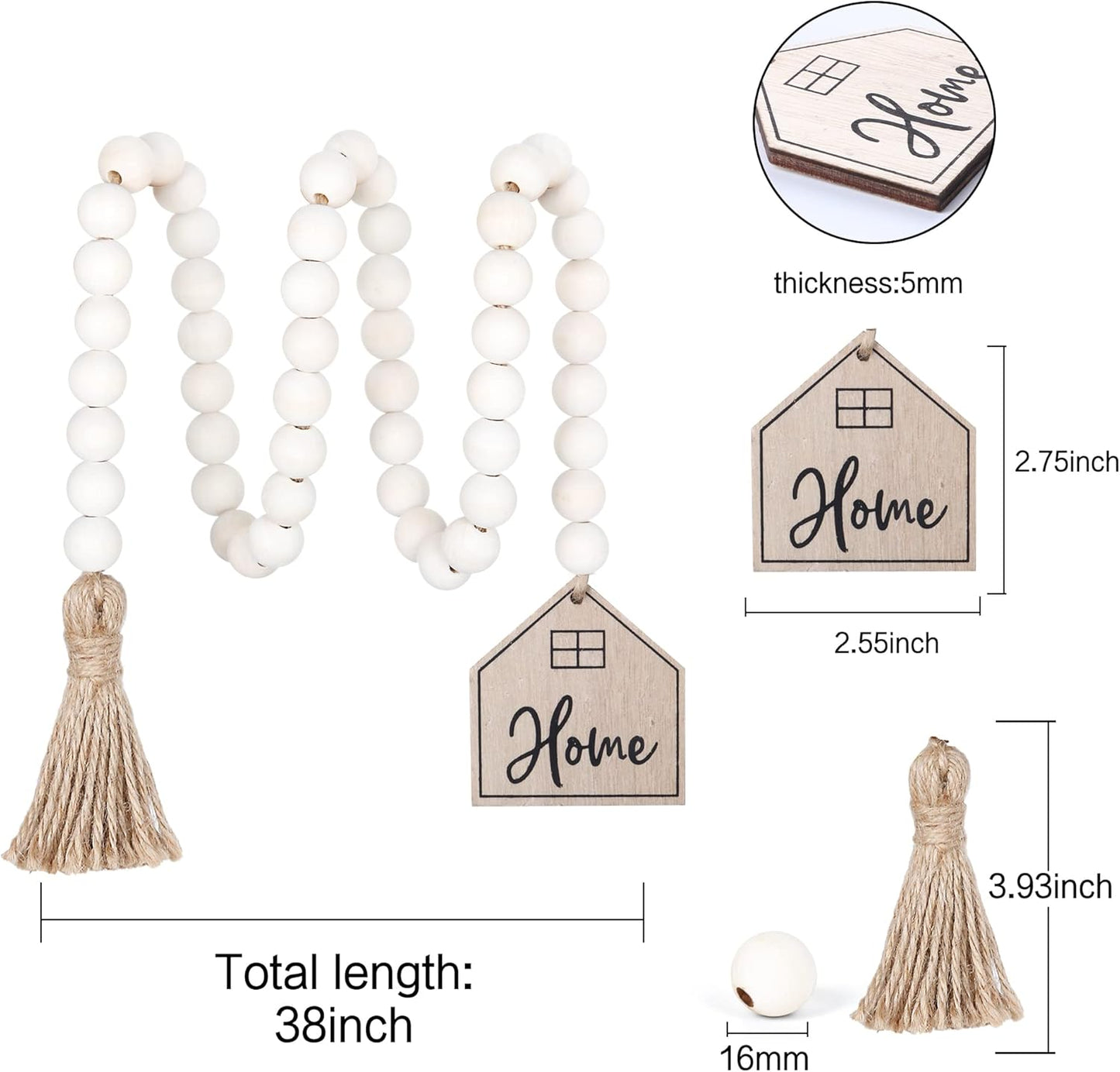 Meplait Love Wooden Bead Garland with Tassel, Decorative Beads Home Decor Farmhouse Tassel Garland Boho Decor for Tiered Tray（38in）