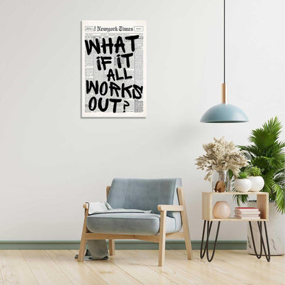 Retro Black And White Newspaper Poster What If It All Works Out Canvas Wall Art Positive Affirming Quote Minimalist Prints Painting For Home Bedroom Dorm Wall Decor 12x16in Unframed