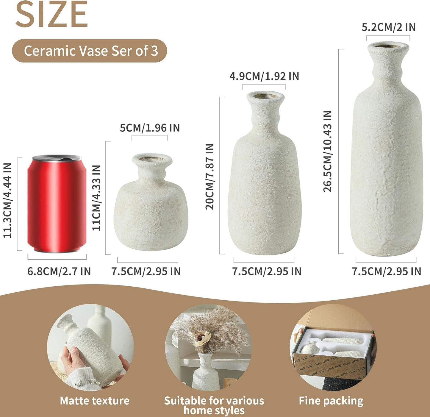 Ceramic Vase Set of 3 | Neutral Vase Home Decor with Handle | Pottery Modern Farmhouse Vases Pampas Grass Flower Vases for Home Decor Table Living Room Centerpieces Mantel Decor - Multicolor