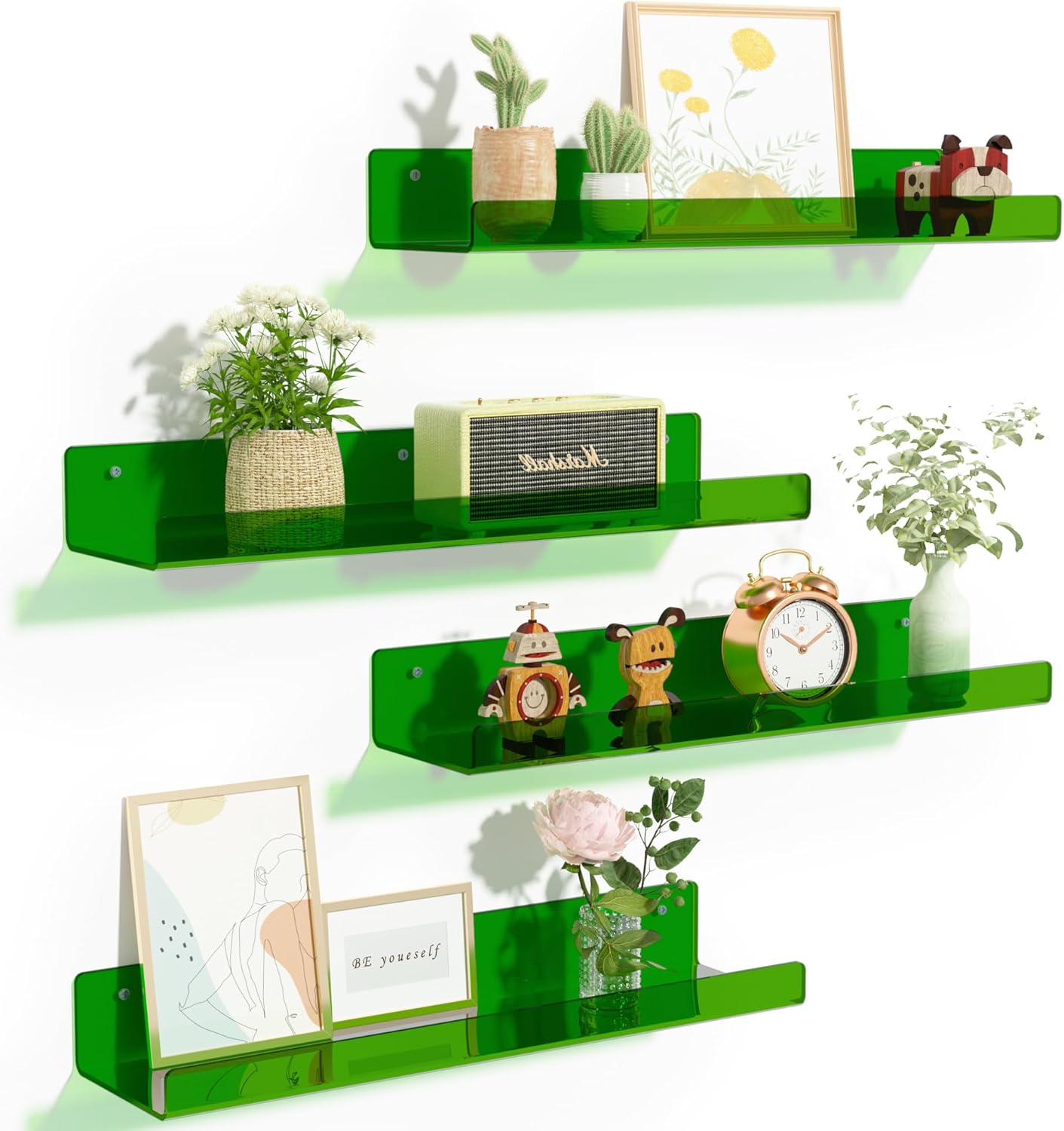 upsimples Acrylic Shelves for Bathroom Storage, 15" Floating Shelves Wall Organizer for Perfume, Make up, Skincare, Kids Bookshelf for Bedroom, Nursery, Living Room Decor, Clear, 4 Pack