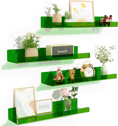 upsimples Acrylic Shelves for Bathroom Storage, 15" Floating Shelves Wall Organizer for Perfume, Make up, Skincare, Kids Bookshelf for Bedroom, Nursery, Living Room Decor, Clear, 4 Pack