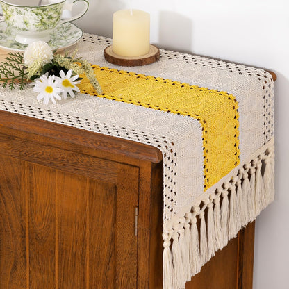Socomi Boho Table Runner Summer Farmhouse Rustic Dining Kitchen Centerpiece Decor Small Macrame Woven Cotton Linen Coffee Table Runner for Dresser Scarf Home Decor 12x36 inch Beige