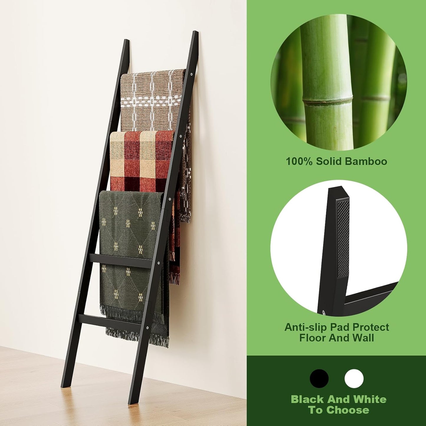 Blanket Ladder Towel Racks For Bathroom 5 Layers Towel Holder 100% Bamboo Wood Sturdy Construction No Need Wall Drilling Quilt Scarf Storage Solution Decorative Leaning Shelf for Living Room (White)