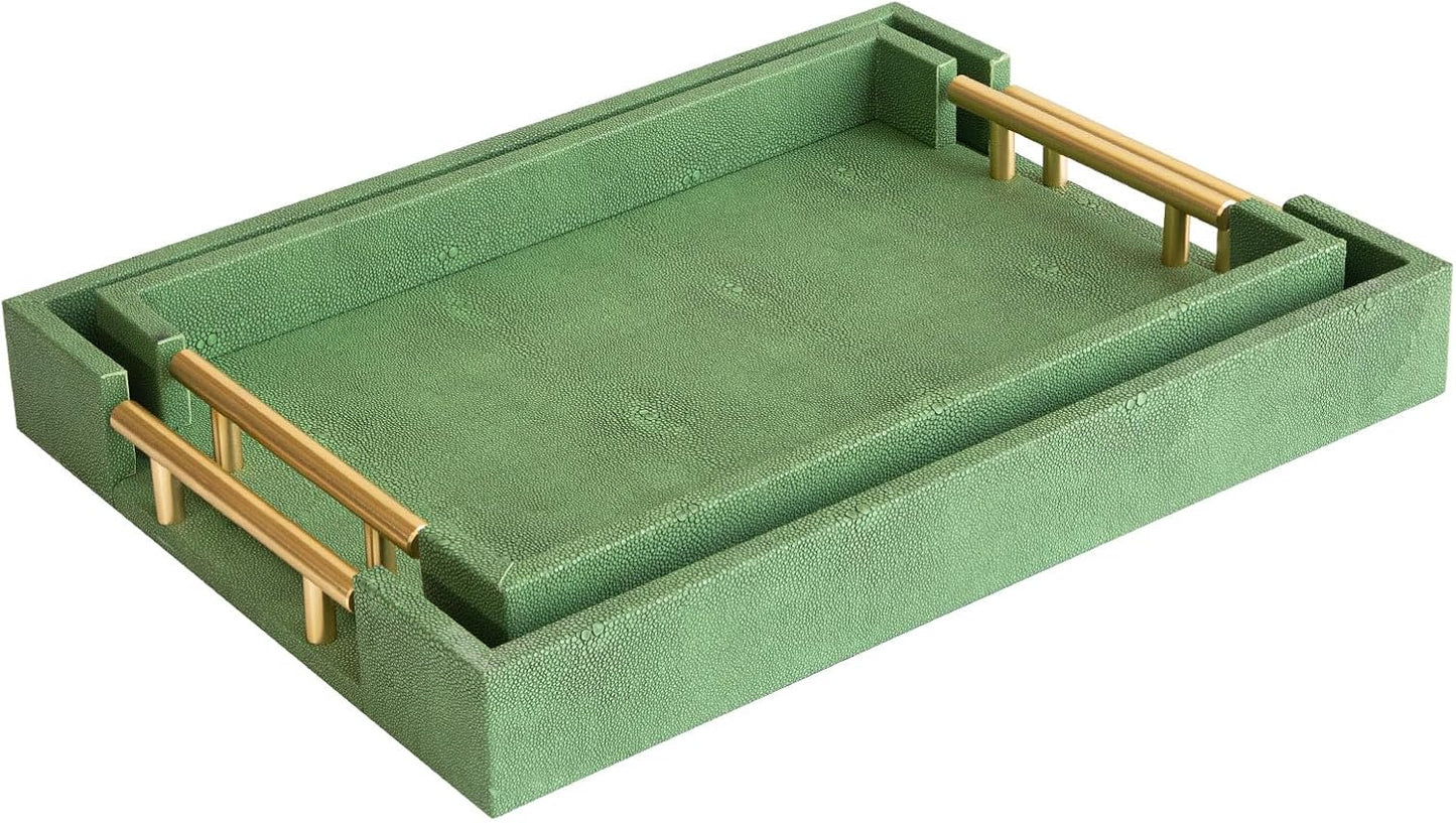 Modern Decorative Tray Set of 2 Ivory Shagreen Leather and Wood Serving Tray with Gold Polished Metal Handles for Ottoman, Coffee Table, Bathroom and More