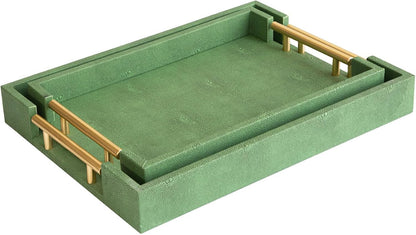 Modern Decorative Tray Set of 2 Ivory Shagreen Leather and Wood Serving Tray with Gold Polished Metal Handles for Ottoman, Coffee Table, Bathroom and More