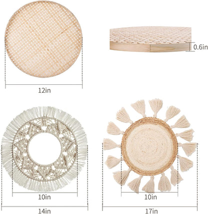 Boho Wall Basket Decor Set of 8 - Flat Woven Basket Wall Hanging Decor,Round Tassels White Macrame Tapestry Wall Decor Art,Handmade Rattan Wicker Seagrass Home Wall Baskets Decor（Boho Classic)
