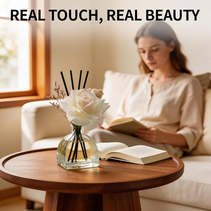 Reed Diffusers Set Flower Scented Diffuser for 140 Days, Flower Diffuser 8.5 fl oz with Dried Flowers and Decorative Rose, Long Lasting Home Fragrance with 10 Sticks for Bathroom, Shelf, Office Decor