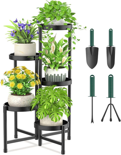 iDavosic.ly Plant Stand Indoor Outdoor, 5 Tier Corner Metal Flower Display Holder Shelf, Folding Tall Orchid Rack for Patio Balcony Porch Garden Living Room House, Black