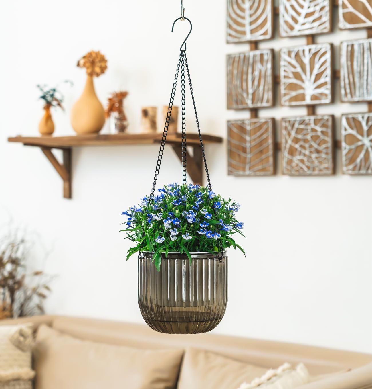 Melphoe 2 Pack Self Watering Hanging Planters Indoor Flower Pots, 6.5 Inch Outdoor Hanging Basket, Plant Hanger with 3Hooks Drainage Holes for Garden Home (Emerald)