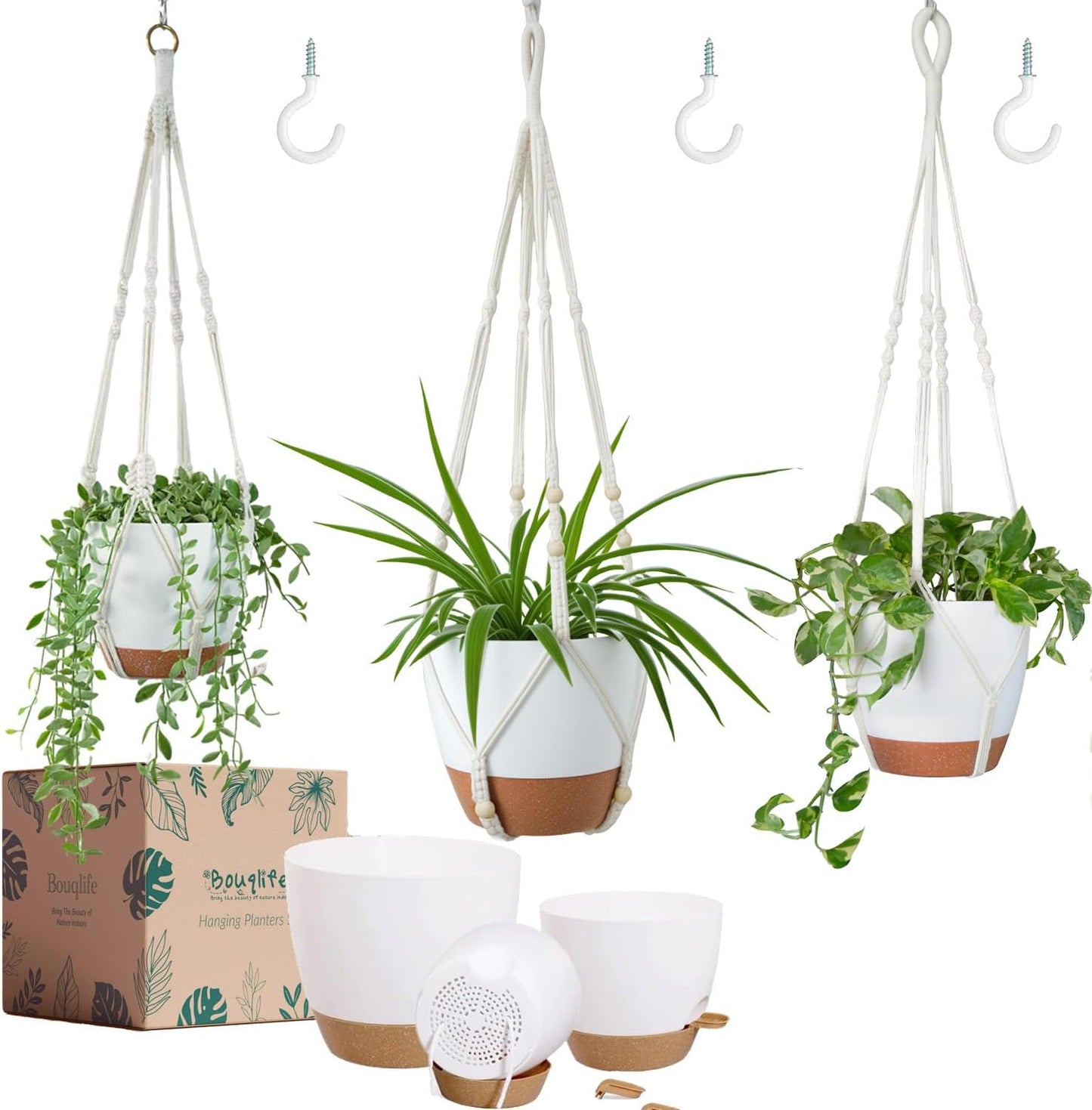 Bouqlife Hanging Planters with Macrame Plant Hangers for Indoor Outdoor Plants 3 Set Self Watering Pots Hanging Baskets Flower Pot Holders 3 Different Size