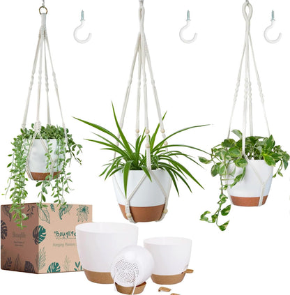Bouqlife Hanging Planters with Macrame Plant Hangers for Indoor Outdoor Plants 3 Set Self Watering Pots Hanging Baskets Flower Pot Holders 3 Different Size