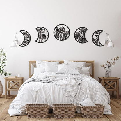 Jetec 5 Pcs Moon Phase Wall Art Decor Wall Pediments Hanging Wooden Phase Spiritual Bedroom Nordic Boho Lunar Aesthetic Art for Living Room Dorm Apartment Ornament(Brown,10.6 Inch,Botanical)